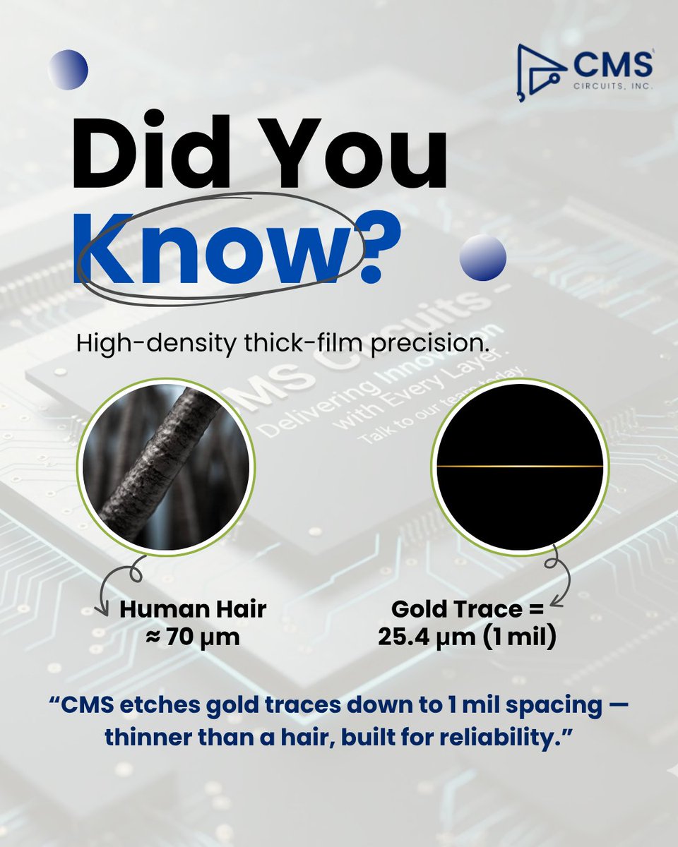 cms_circuits's tweet image. 1 mil spacing enables dense routing and compact hybrids—critical for aerospace, med, and semi tools.
Why CMS? We pair etch + print to get performance and yield in tight footprints.

#GoldTraces #HighDensity #ThickFilm #HybridCircuits #Miniaturization #CMSCircuits