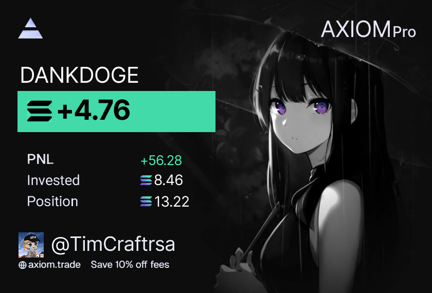 TimCraftrsa's tweet photo. $DANKDOGE popped nicely
my tool let me enter early ended up with +4.76 sol locked in
#memecoin #pnl #solana #axiom #crypto #trading https://t.co/vl31tLubFi