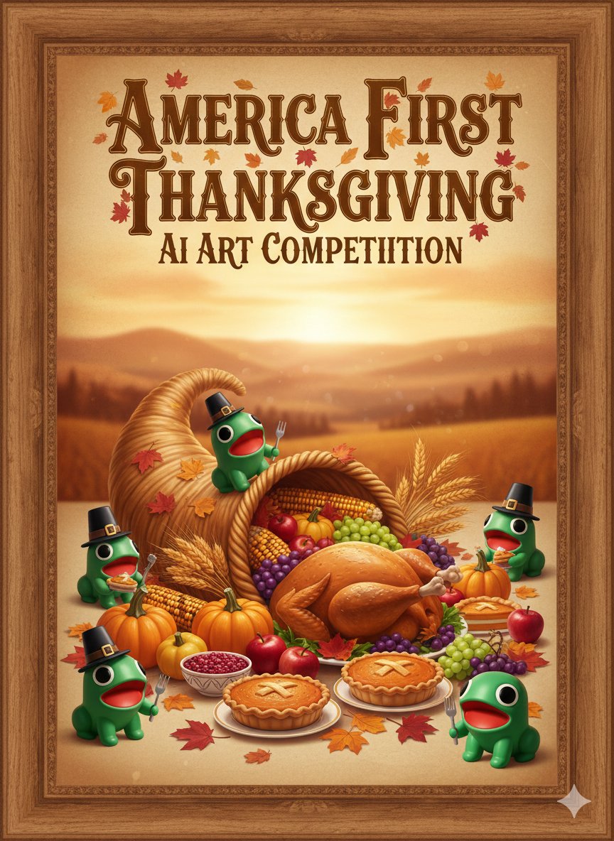 TexomaGroyper's tweet image. Let the 1st Annual America First AI Art Tournament begin! 

✨️ $100 in SOL will be awarded to the winner! ✨️  (or a $100 donation to the America First Foundation made on their behalf)

Admissions will be accepted until Sunday 11/23 at 10pm CT (Chicago Time) 
Announcement will…