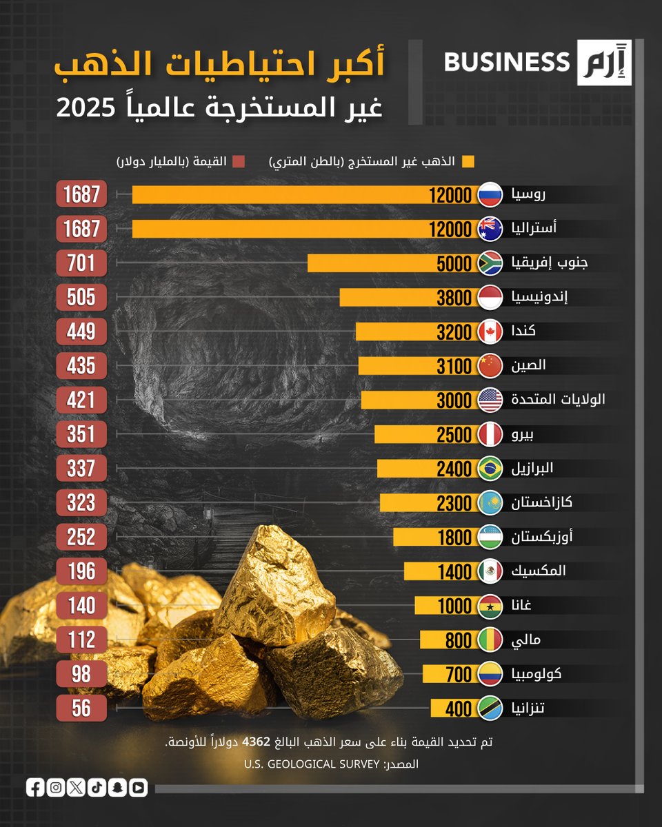 🔴من يتصدر العالم بالمعدن الأصفر، حتى قبل استخراجه؟

 📌#روسيا وأستراليا تتقاسمان القمة بـ 12 ألف طن لكل منهما من احتياطيات #الذهب غير المستخرجة

#إرم_بزنس