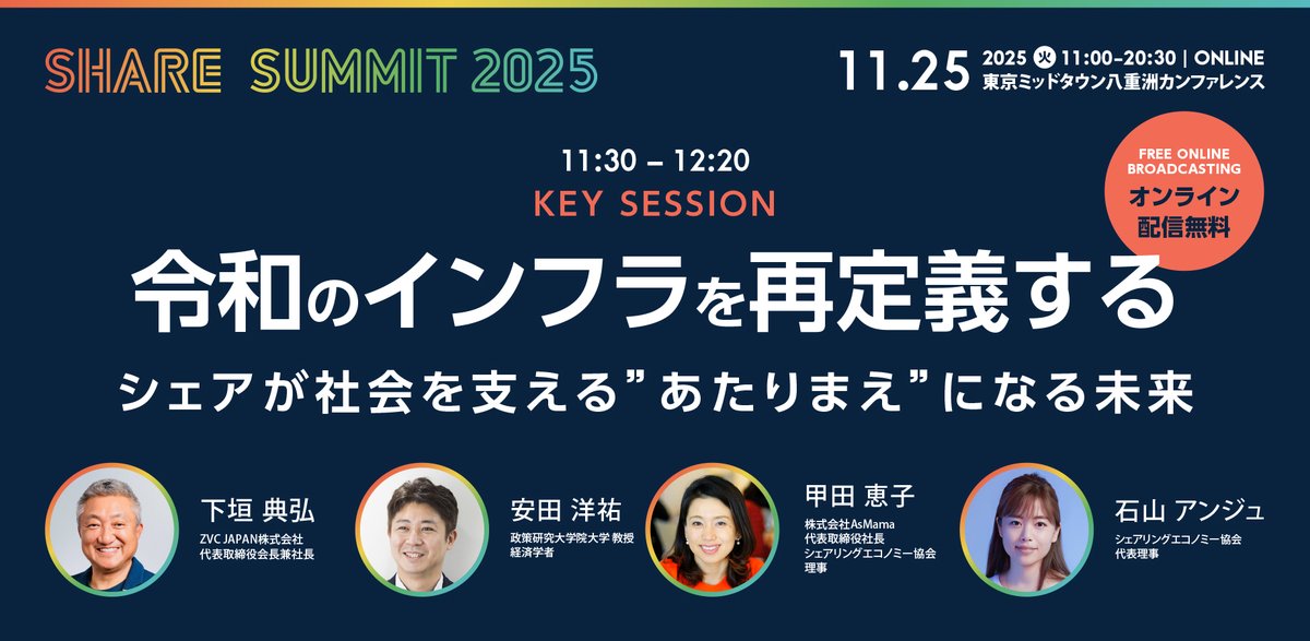 🎉シェアサミット2025 まであと4日！
注目のキーセッションをご紹介します。

〈キーセッション〉
 「令和のインフラを再定義する」
～シェアが社会を支える”あたりまえ”になる未来～

🎙️Speakers：
 ・ZVC JAPAN株式会社 代表取締役会長兼社長 下垣典弘 氏
・ 政策研究大学院大学 教授 経済学者