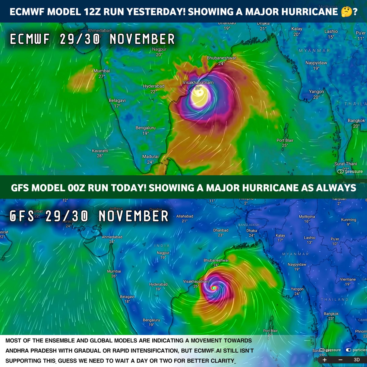 WeatherUpdate2m's tweet image. ECMWF &amp;amp; GFS now showing a Major Cyclone around 29/30 Nov towards AP.. But ECMWF-AI still disagrees and supporting SW Bay system. Only 5-7 days left! real test begins now! Which one will win?? 

#senyar #cyclonesenyar #WINTER #Cyclone #WeatherUpdate #BamBam #patlama #wu2m