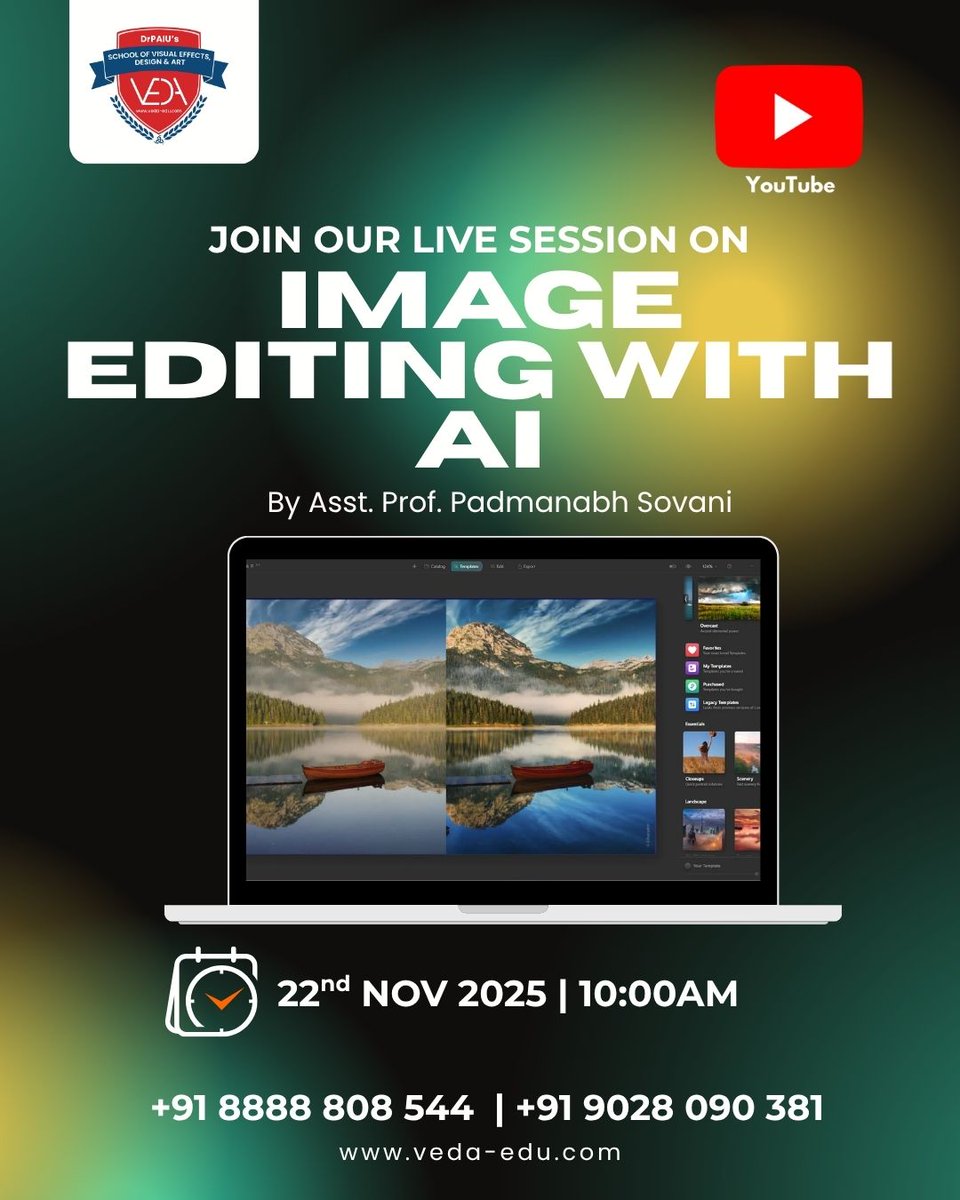 VEDA_PUNE's tweet photo. Invitation for AI Image Editing Workshop..! Join Us LIVE
We are excited to invite you to an innovative &amp; creative Image Editing with AI Workshop.
Whatsapp &amp; Register Now: +91 - 8888808544
#AIImageEditing #VEDACollege #drpaiu #DigitalCreativity #LearnWithTechnology #FutureSkills https://t.co/ZKTmkt6lwf