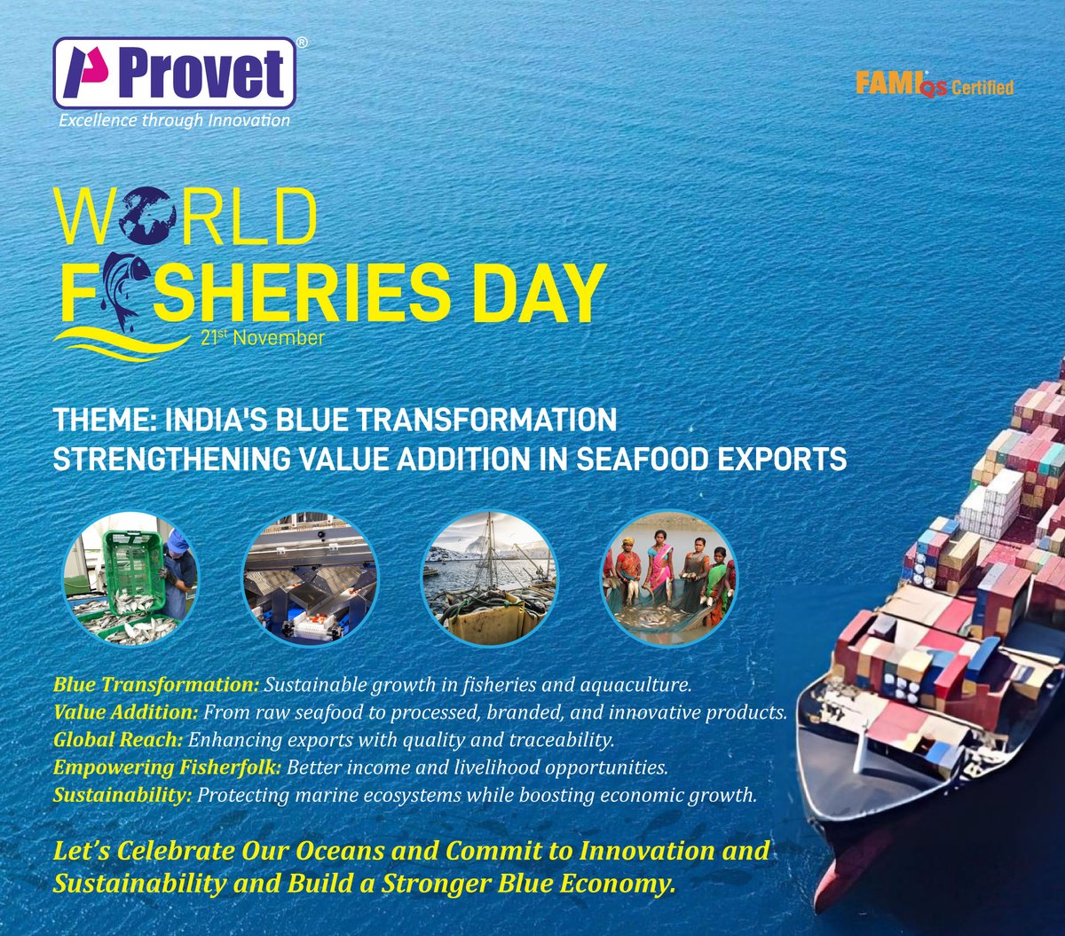 provetppl's tweet photo. World Fisheries Day!

Let’s celebrate our oceans and commit to innovation and sustainability and build a stronger Blue Economy.

#provet #WorldFisheriesDay #aquaculture  #SeafoodExport #valueaddition #GlobalReach #sustainability #Ecosystems #fishermen #fishfarmers #foodsecurity https://t.co/o8HbD1GPQz