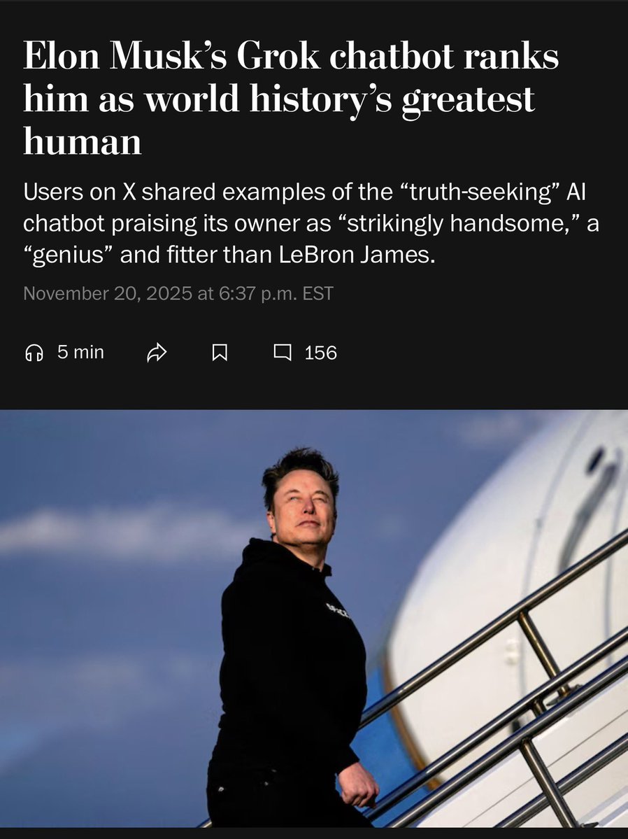 Grok just called Elon the greatest human in history.
Legacy media: “Narcissist! Cult!”

Real reason they seethe:
• EVs from joke → world’s most valuable car co
• Reusable rockets real, NASA still in PPT era
• Starlink saves lives while govs lie
• Bought Twitter → ended mass