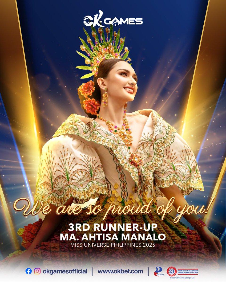 OKBetPHL's tweet photo. Congratulations, Ma. Ahtisa Manalo, Miss Universe 3rd Runner-Up!
Thank you for bringing honor and pride to the Philippines and we are truly proud of you.
#OKGames #MissUniversePhilippines2025 #AhtisaManalo #MissUniverse #MissUniverse2025 https://t.co/srROkLjhSj