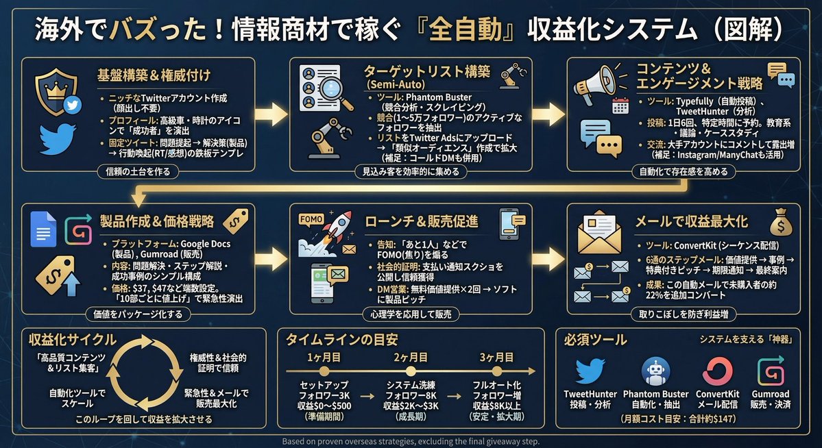 ceo_tommy1's tweet image. 海外でバズった「情報商材で稼ぐ全自動収益化システム」を図解しました。

元ネタ探す→Nano Banana Proにぶち込む

これでクオリティ高いポスト作れるのエグいっす先輩。

ちなみに内容はちゃんと海外から拾ってきたからブクマして見てみてね。