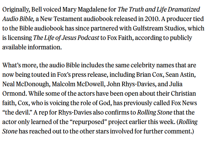 <a href="/PopBase/">Pop Base</a> So 15 years ago, a bunch of well known actors recorded an audio Bible, which is now being being repurposed without their knowledge or consent into a Fox News Podcast series. Fox News announced the project as if the actors had all just agreed to be in a Fox News podcast.