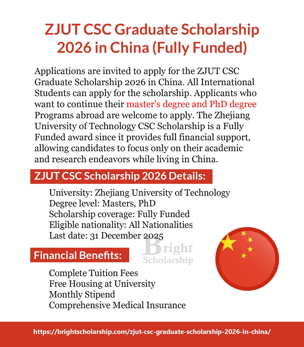 BrightSship's tweet image. ZJUT CSC Graduate Scholarship 2026 in China (Fully Funded)

University: Zhejiang University of Technology
Degree level: Masters, PhD
Last date: 31 December 2025

Apply Link: brightscholarship.com/zjut-csc-gradu…

#BrightScholarship #FullyFunded #Scholarship #China #Students #studyabroad