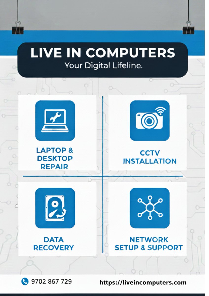ComputersL26300's tweet image. From broken screens and lost data to professional security camera installation, Live in Computers is your all-in-one IT partner. Don&apos;t stress over tech issues—we fix it all, fast and reliably.#LaptopRepair #DesktopRepair #DataRecovery #CCTVInstallation