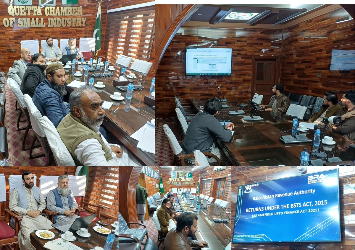 21-11-2025: BRA conducted an informative session at the Quetta Chamber of Small Industries.
Participants were briefed on Section 35 – Filing of Returns, tax compliance, and the importance of accurate e-filing under the BSTS Act, 2015 amended by Finance Act, 2025.