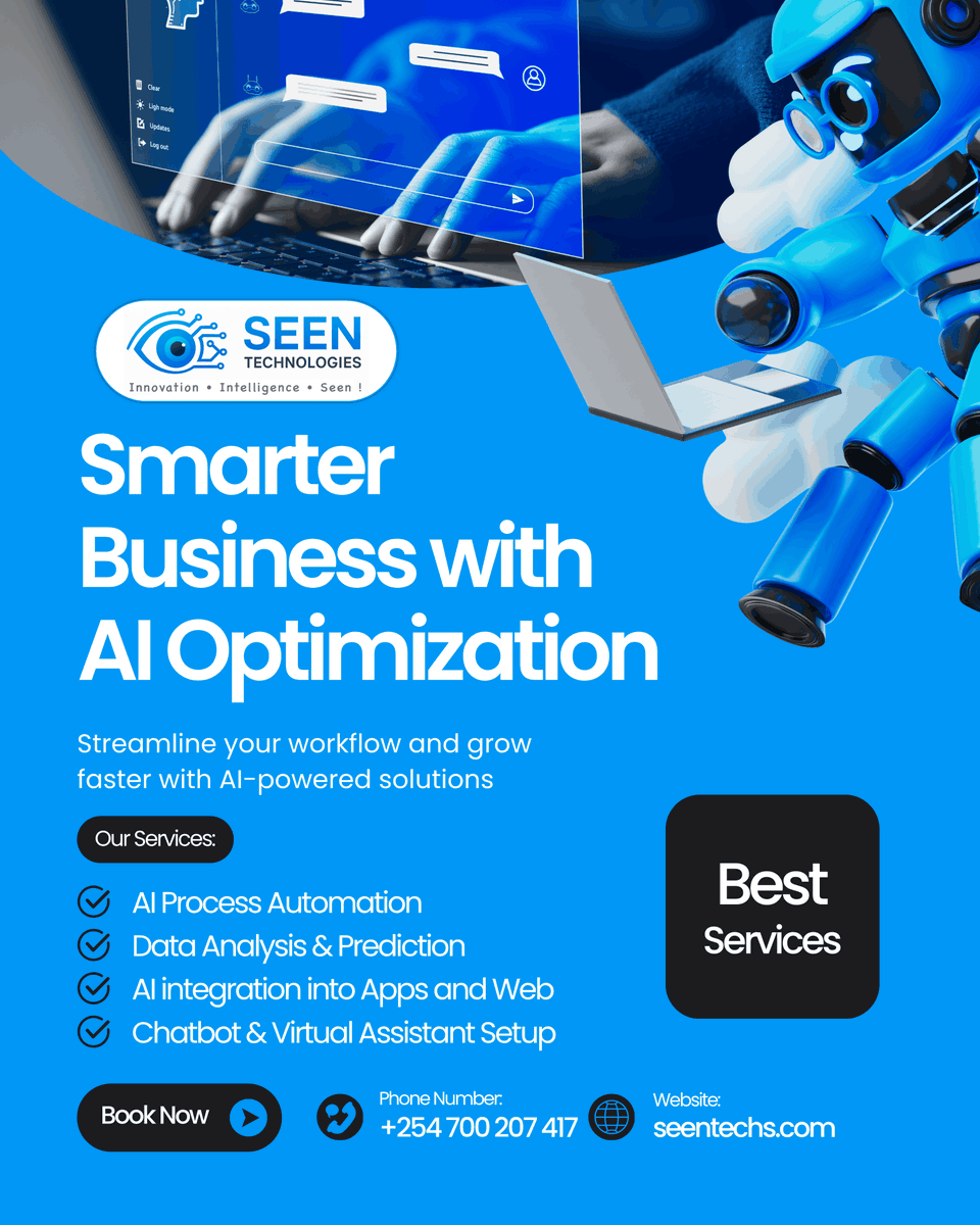 seentechs's tweet image. Unlock the power of AI with Seen Technologies. We deliver intelligent solutions that automate processes, optimize ROI, and drive smart business growth. #AI #Automation #SmartSystems