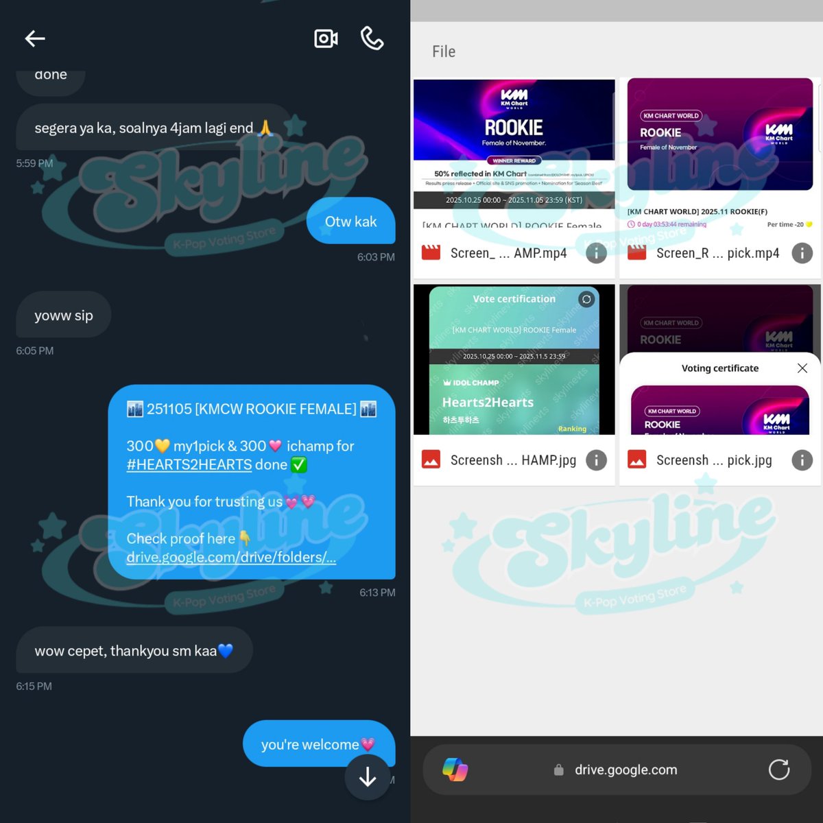 Thank you anonymous 💓 for purchase KM Chart World at skyline🏙️ 
300💛 Gold Hearts my1pick + 300🩷IdolChamp for #HEART2HEART

KM Chart World Rookie Female✅

#skylineproofs