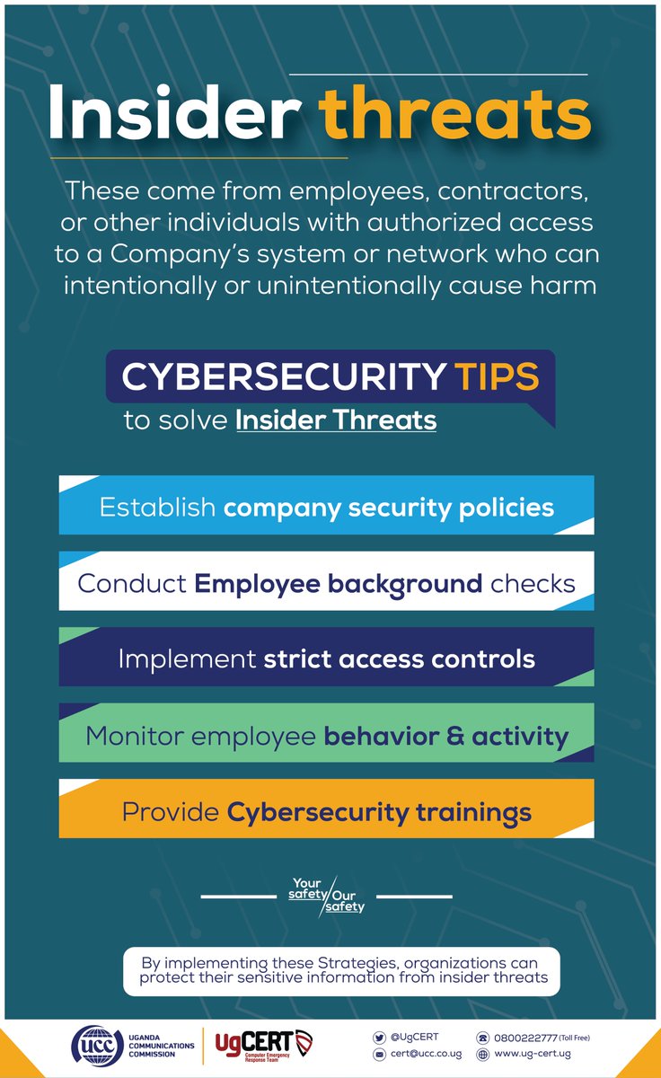 UgCERT's tweet image. Protect your systems by enforcing security policies, strict access controls, and employee monitoring. Stay proactive, your safety starts within. 
@UCC_Official @ConsumerUCC @MoICT_Ug
@GCICUganda @UgandaMediaCent