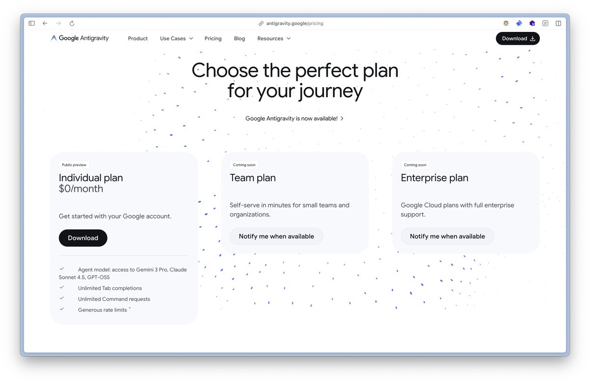 believe it or not this is Google's optimal GTM strategy for Antigravity

everyone is already paying for Cursor, Claude Code, Windsurf, etc.

so the only way for Google to get people to even consider switching is rolling out a completely free plan to tempt people to try it out
