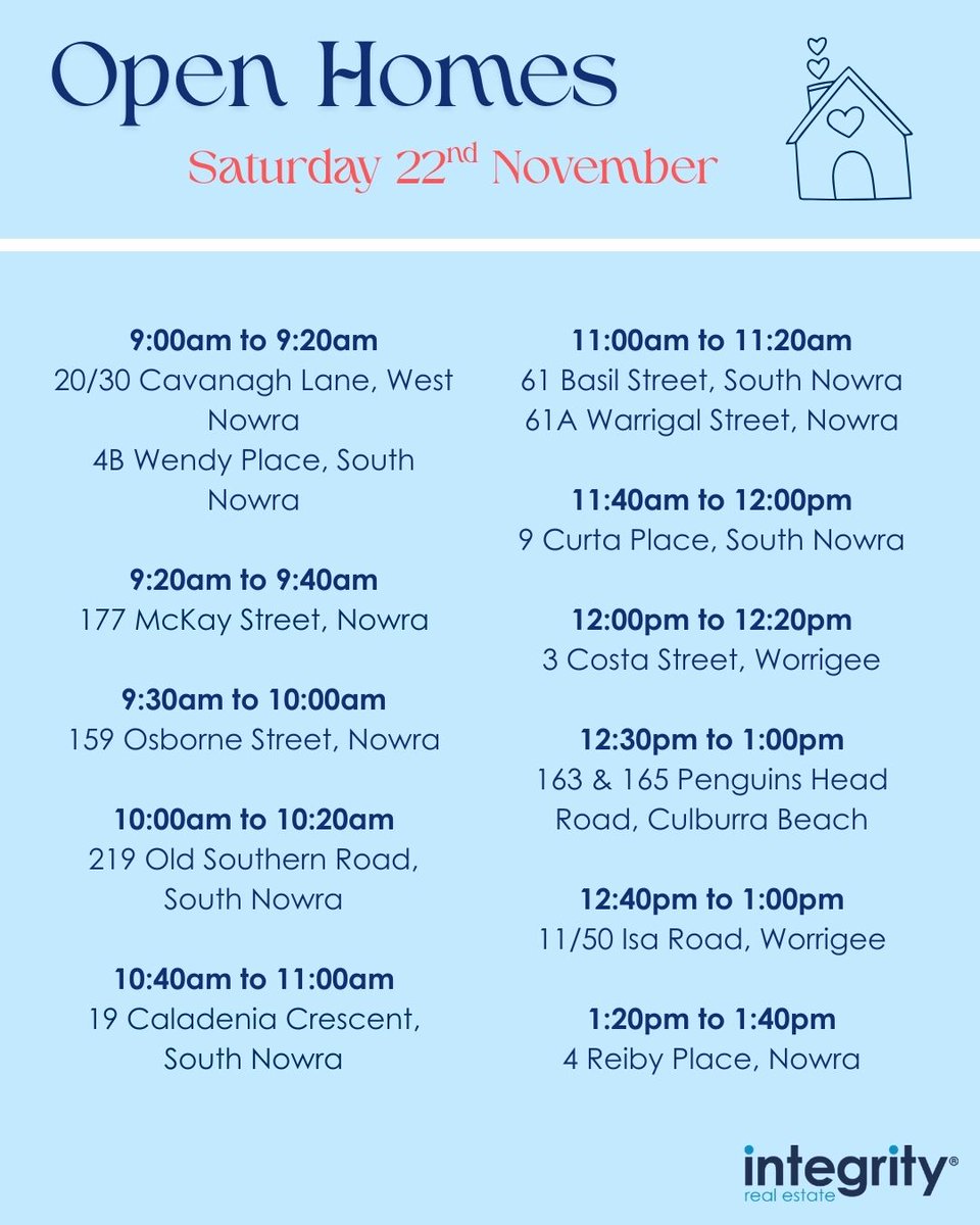 Integrity2003's tweet photo. Open Homes | Saturday 22nd November 2025 🏡

Join us this weekend to view some of our amazing sale properties - you won't be disappointed! 🤩

#getabetterpricewithintegrity #integrityrealestate #openforinspection #OpenHouse #shoalhaven #forsale #houseforsale #HomeForSale https://t.co/Q8Yk7kAsC7