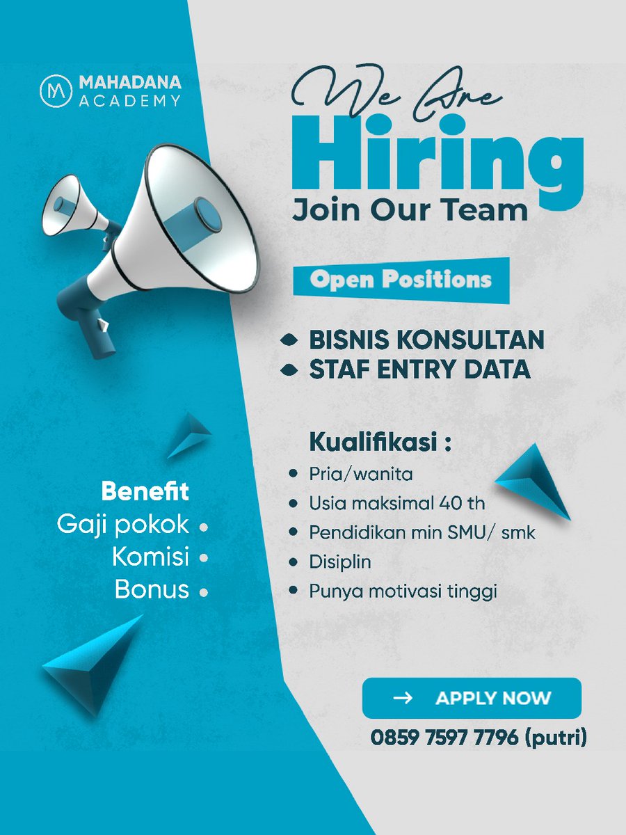 lokersoloraya's tweet image. Mahadana Academy sedang membuka kesempatan bergabung untuk posisi:

• Bisnis Konsultan
• Staf Entry Data

📞 Apply Now:
0859 7597 7796 (Putri)

#LowonganKerja #LokerHariIni #LokerAdmin #LokerBisnisKonsultan #InfoKerjaTerbaru