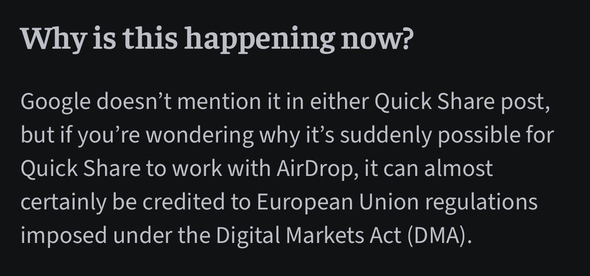 Google and Apple are both playing coy on this airdrop story because it’s an unhelpful narrative if a European regulation is seen as producing better consumer outcomes globally, but let’s be clear: that’s exactly what’s going on here. <a href="/arstechnica/">Ars Technica</a> the only one w/this context.