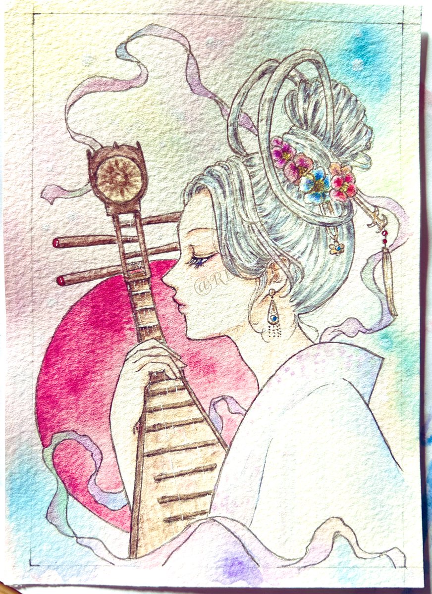 芸能・芸術の神様の 辨財天様を描いてみた✏️✨ 早速絵墨「雪」も一部