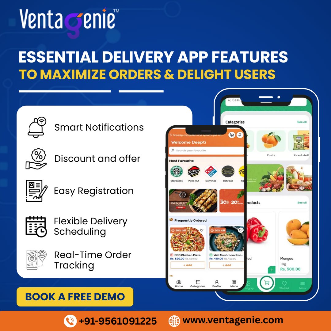 VentaGenie's tweet image. Losing orders because your delivery app lacks what users expect?
Ventagenie multicategory delivery app development solution will fix it with:
Smart alerts
Offers
Easy signup

 Live tracking ventagenie.com |  +91-95610-91225 #Ventagenie #DeliveryAppDevelopment
