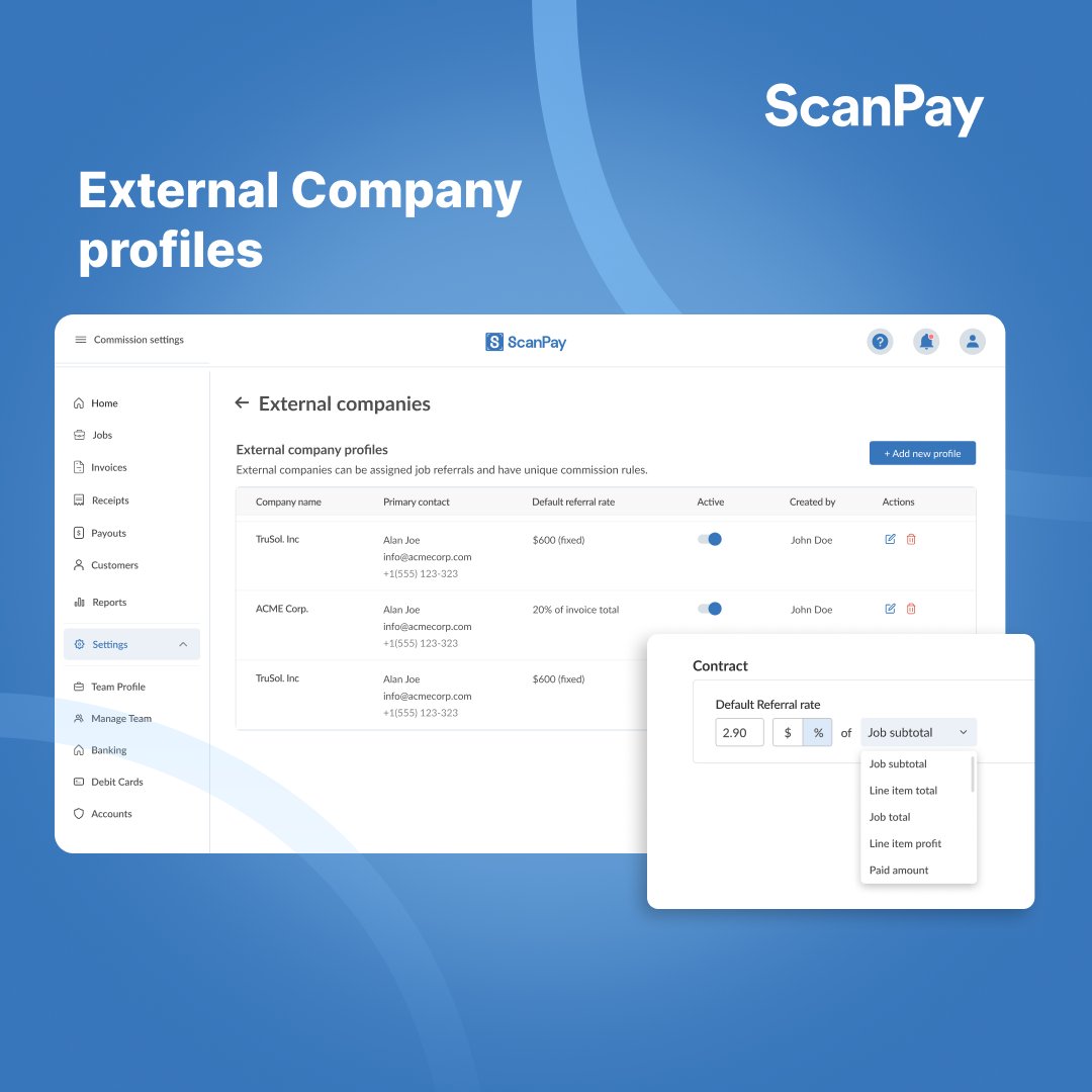 goscanpay's tweet image. Now you can create External Company profiles in ScanPay—set referral rates, track lead sources, and let the system calculate commissions automatically. No more manual tracking—every referral and commission is recorded in one place.
#FieldServiceBusiness #ServicePros #JobReferrals…