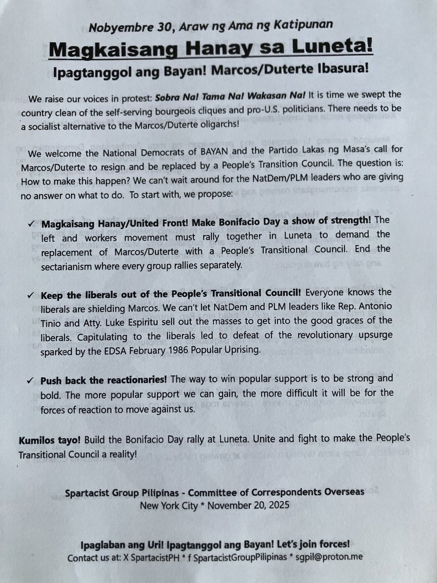 Unite and defend the people!
Let's make Gat Andres Bonifacio's Birthday a show of force!
The left and the disaffected workers in Luneta must join forces to demand the replacement of Marco/Duterte by the People's Transitional Council