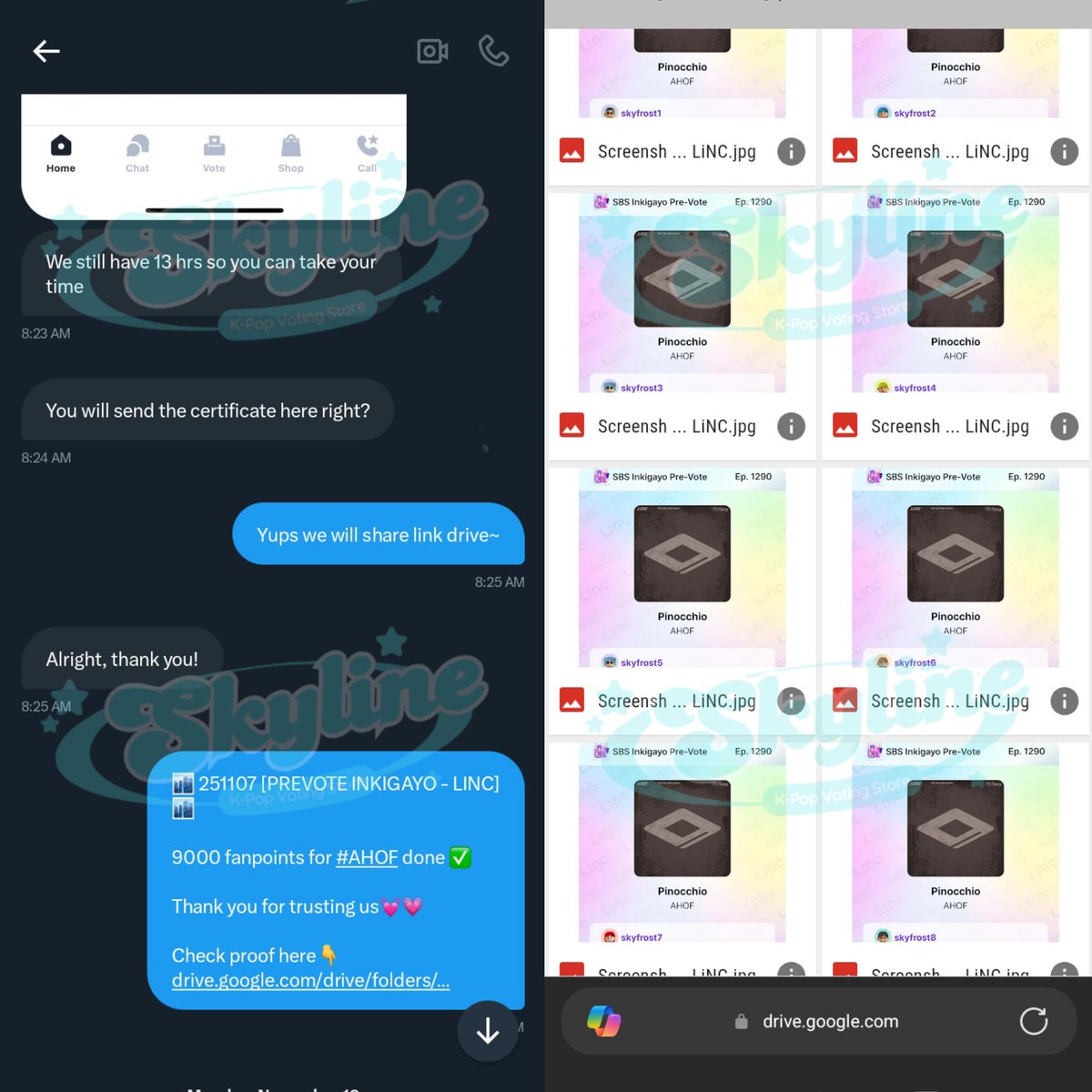 Thank you anonymous 💓 for purchase Inkigayo Pre-Vote at skyline🏙️ 
9000 Fan Points for #AHOF 

SBS Inkigayo Pre-Vote Ep.1290 (LiNC) ✅

#skylineproofs