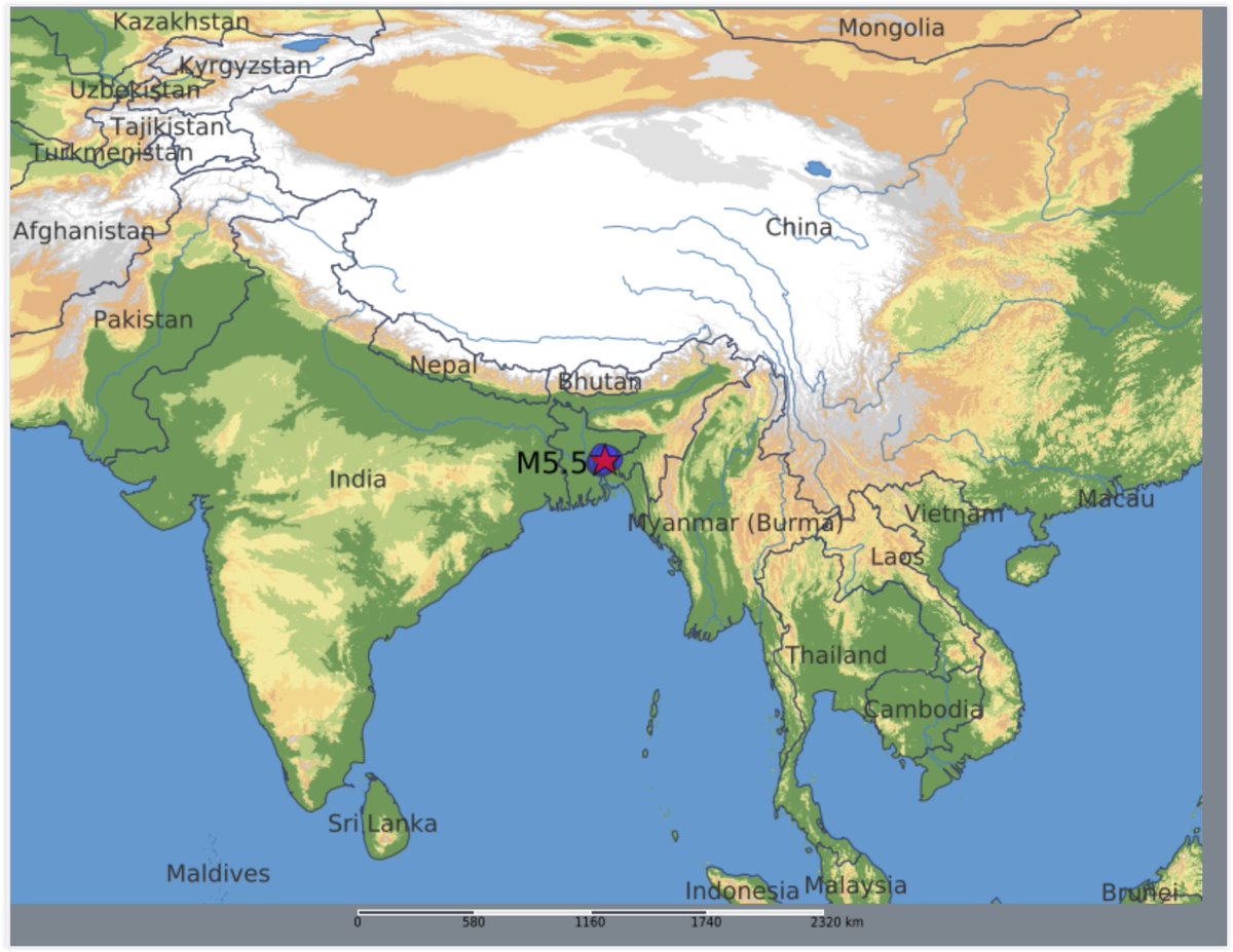 QLARM's tweet image. EARTHQUAKE M5.5. Origin Time: 2025-11-21 04:38:27 UTC, Bangladesh (23.86 ; 90.66), Depth: 10.0 km, (source(s): GFZ). Estimated fatalities: 0 to 770, injured: 280 to 3500.
