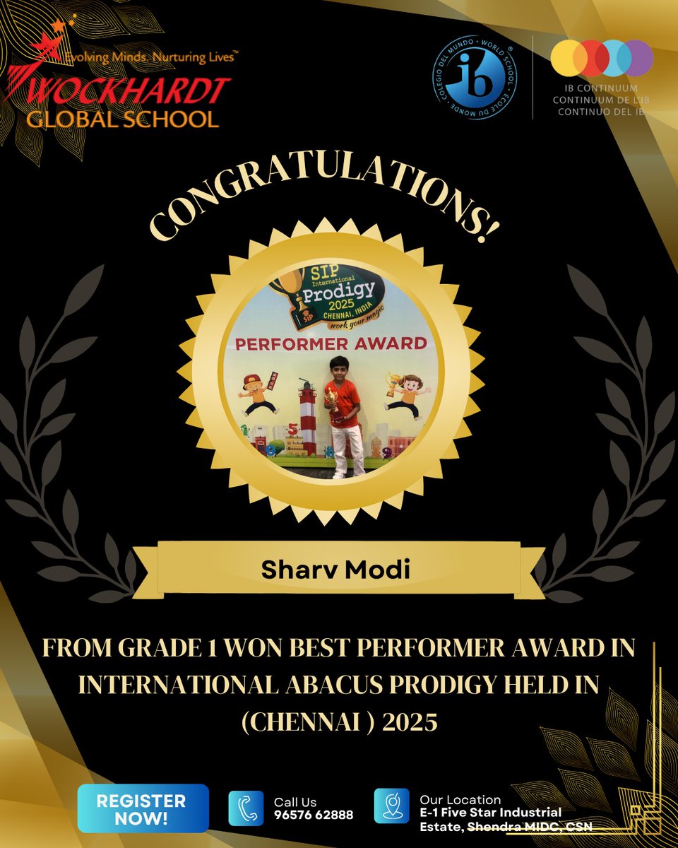Celebrating Young Excellence at Wockhardt Global School!
We are delighted to share that Sharv Modi from PYP 1A has been awarded the Best Performer Award at the International Abacus Prodigy Competition 2025 held in Chennai!
Congratulations, Sharv! Keep shining and inspiring.