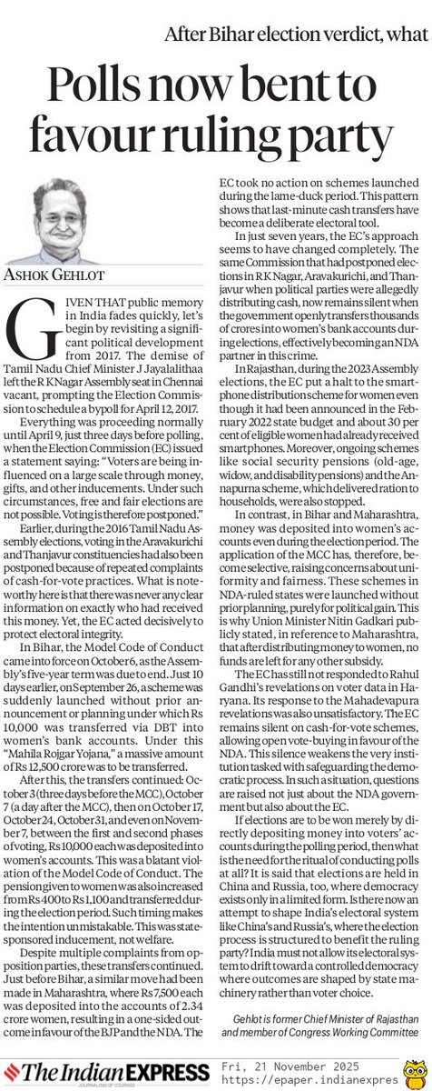 पिछले कुछ सालों में कैसे सत्ताधारी NDA के पक्ष में बदला चुनाव आयोग का रवैया एवं बिहार में किस तरह चुनाव आयोग ने आचार संहिता के बावजूद NDA की मदद की। इस विषय पर आज के इंडियन एक्सप्रेस में प्रकाशित मेरा आर्टिकल: