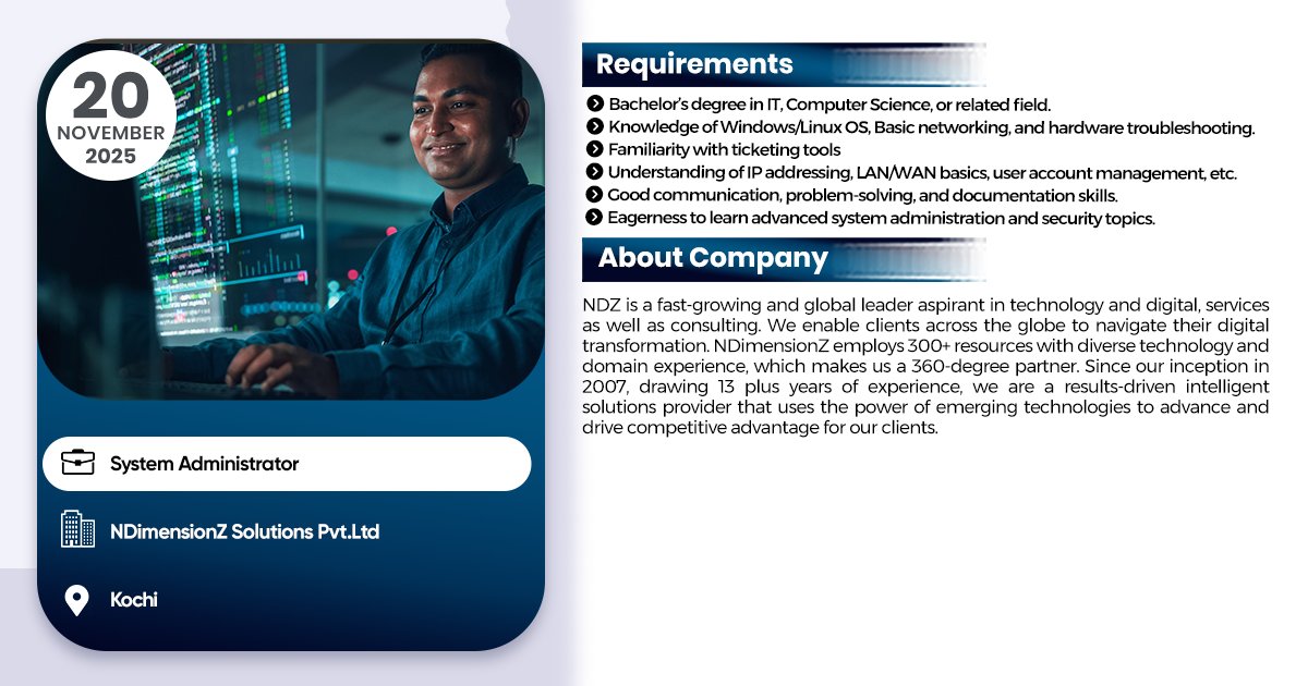 linuxgroup's tweet image. System Administrator Job #1networksupportengineer #Jobsearch #JobAlert #jobvacancy #ipsrjobs #jobs2025 #ipsr #25yearsofipsr #careeropportunity #ltjobs #MNCJobs #techcelerating_careers #devops #AWS #vacancy #linux