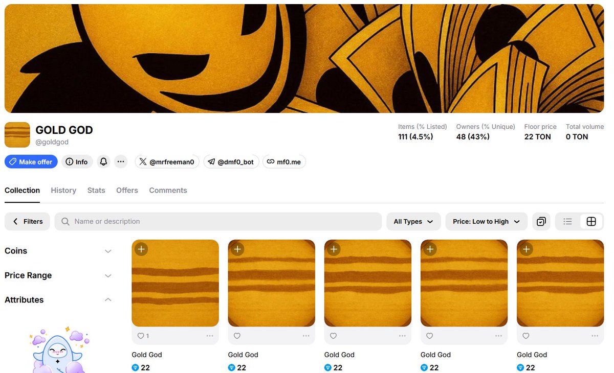 ✨ New NFT collection — MR. FREEMAN: GOLD GOD!

The first two collections sold out in hours ⏳
The community noticed that the FREEMAN token creator bought the “GOLDGOD” address on GetGems and launched a matching collection 👀

getgems.io/goldgod

#getgems #nft #mrfreeman