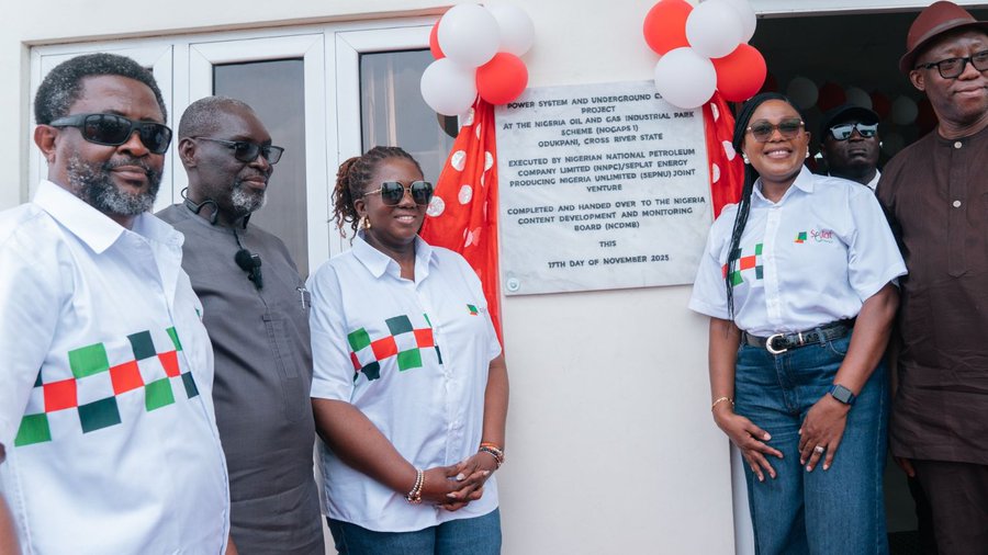 Engr. Chinedu Emeka, Project Manager, Seplat Energy Producing Nigeria Unlimited (SEPNU); Taridouye Gagariga, Manager NCDMB Properties; Emo Udobong-Ntia, GM Corporate Services, SEPNU; Blessing Adagbasa, GM Procurement & Nigerian Content, SEPNU; and Engr. Ndubuisi Akachikelu, Deputy Manager JVA NUIMS, during the commissioning/handover of Power System and Underground Cabling Project to NCDMB by Seplat Energy in Odukpani, Cross River State … recently