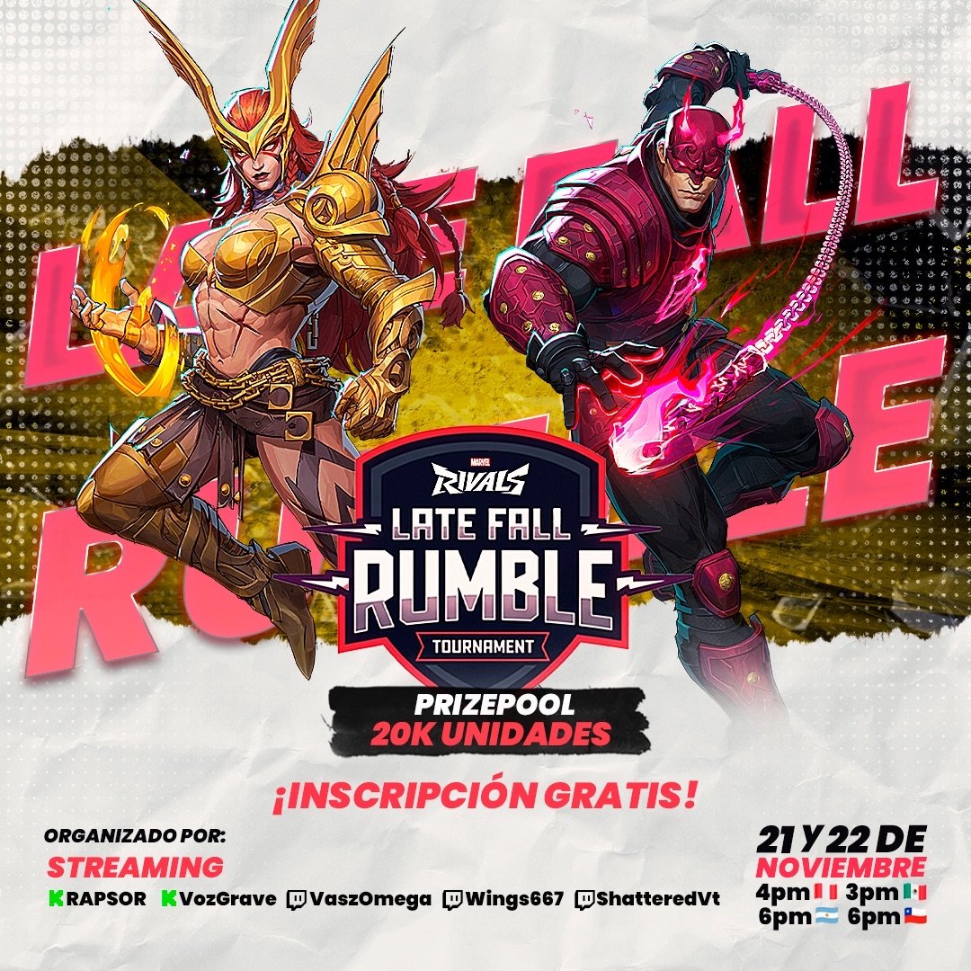 HiShattered's tweet image. Les recuerdo que mañana tendremos el Late Fall Rumble!
Host: @PrettyRog 
Casters: @Rapsorr @m0niverso @MazikeenWorld @Ransabia_xD 

Equipos donde tendremos creadores como @kendomurft, @Naanny_lee, @Evergum_08VT, Mr Cambray, Pichos y más!!