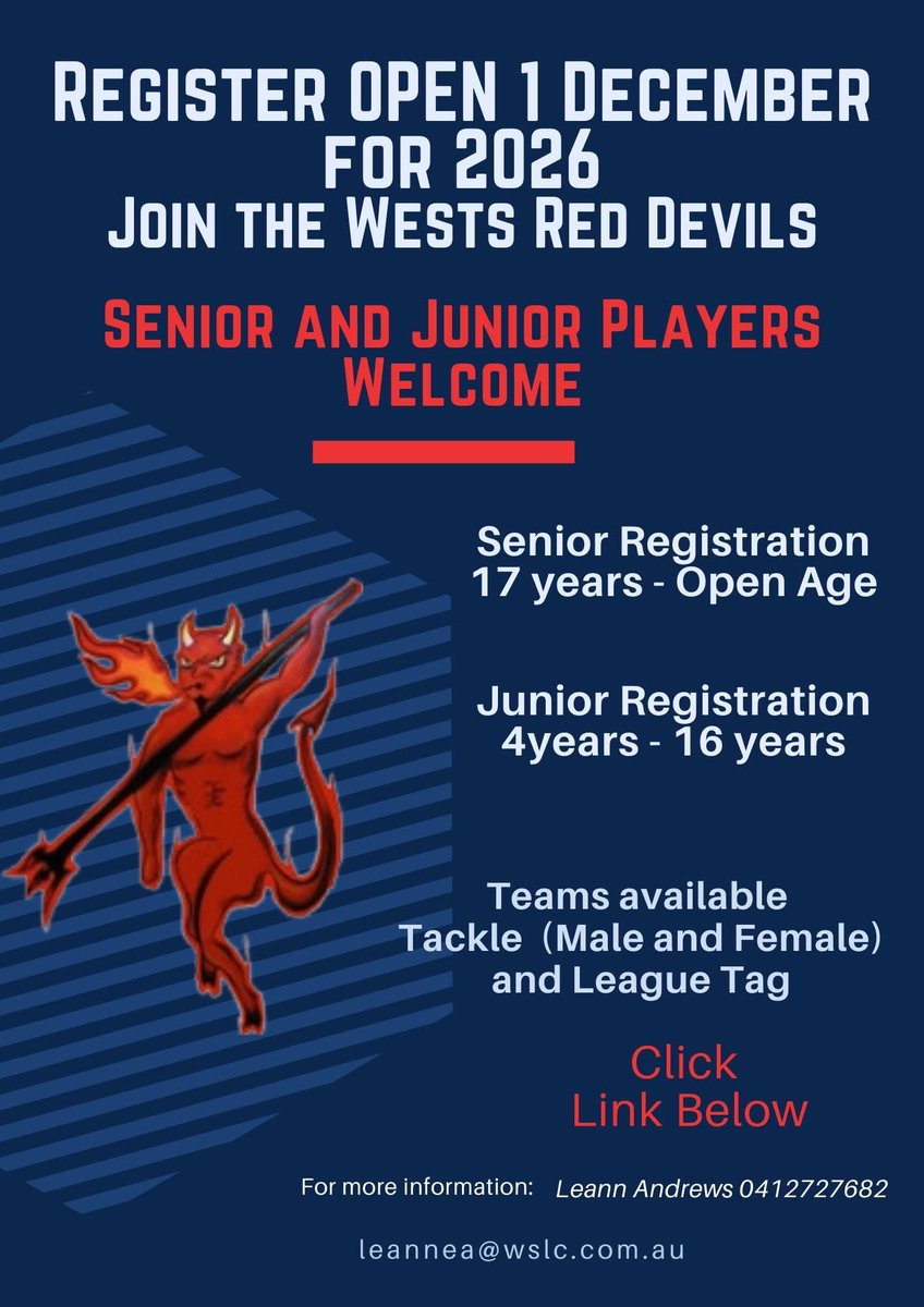 westsdevils's tweet image. GET READY 2026 REGISTRATIONS OPEN 1 DECEMBER.

Become part of the Wests Devils Family.

Register to the Senior or Junior Club.

Please see Flyer.