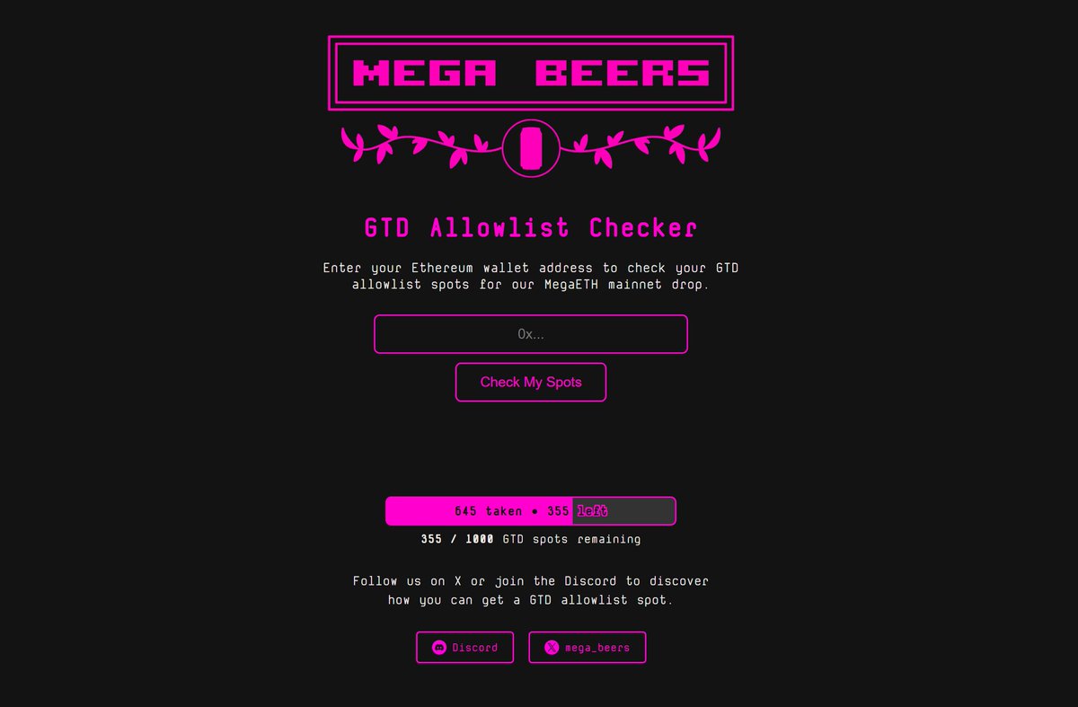 We've taken snapshots of our NFT collections on <a href="/megaeth/">MegaETH</a> testnet, roles in the Discord and have finalized the GTD allowlist for our mainnet drop.

You can now check how much GTD allowlist spots you have gathered on testnet ⬇️
checker.megabeers.com

1/3 🧵