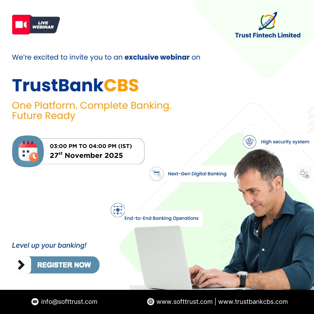 Trust_Fintech's tweet image. 🚀 Join our webinar on TrustBankCBS – One Platform. Complete Banking. Future Ready.
📅 27 Nov 2025 | 🕒 3–4 PM (IST)
💻 Microsoft Teams
🔗 Register: softtrust.com/newsletter/tru…
Why TrustBankCBS?
🔹 Real-time operations
🔹 Modular &amp;amp; scalable
#CoreBanking #DigitalBanking #TrustBankCBS
