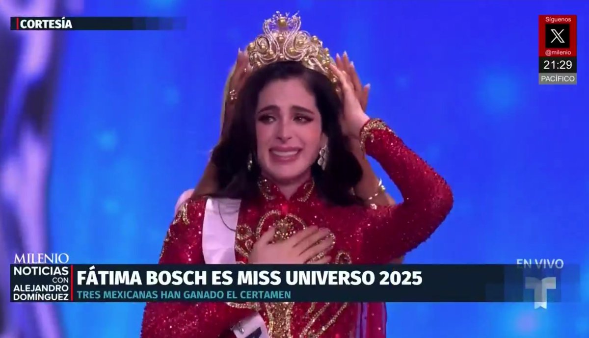 OriStereo's tweet photo. ▶️ #ÚLTIMAHORA | #FátimaBosch ganó #MissUniverse 2025 👑 convirtiéndose en la tercera #mexicana en ganar el certamen.

¡Enhorabuena, #MÉXICO! 🇲🇽🎉 https://t.co/1pbIFt2OD3