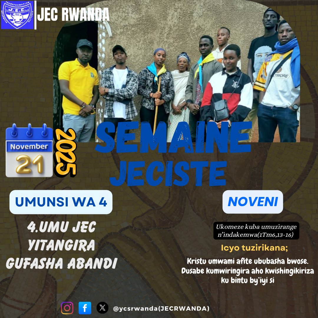 4.UMU JEC YITANGIRA GUFASHA ABANDI 

"Ukomeze kuba umuziranenge n'Indakemwa"(1Tim6,13-16)

#ycsweek #ycsafrica #ycsrwanda #ycs #ycsinternational