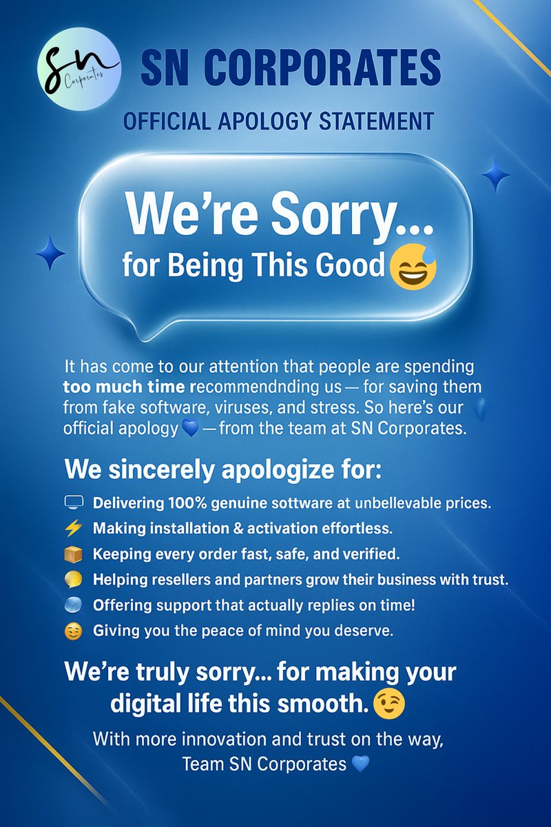 sncorporates's tweet image. We’re sorry…
for being THIS good 😅💙
Genuine software ✔️
Fast activation ✔️
Peace of mind ✔️

The smoothest digital experience — brought to you by SN Corporates.
#SNCorporates #StayGenuine #TechWithTrust