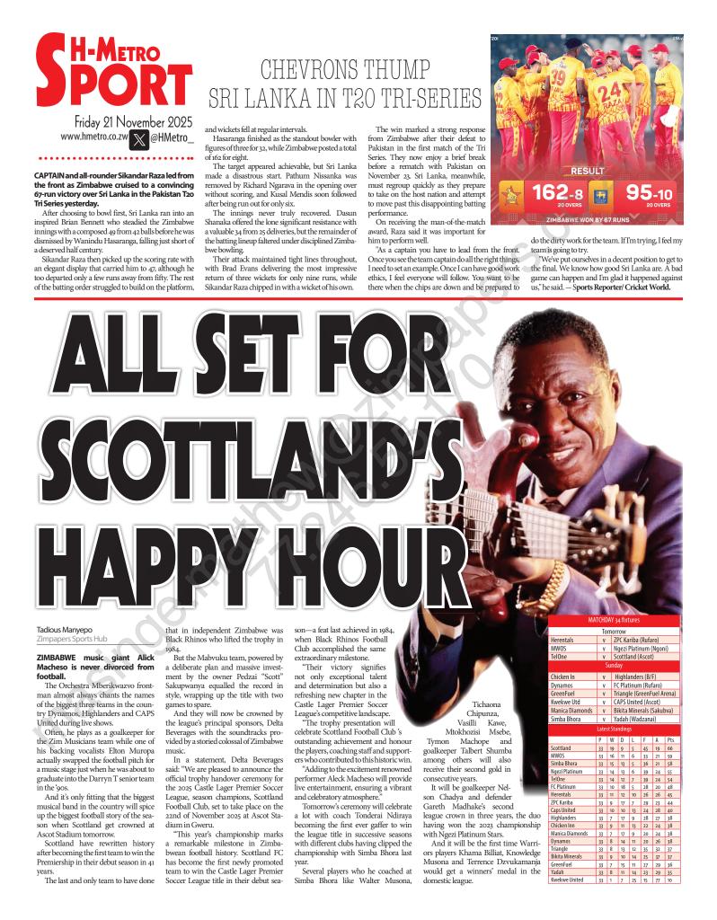 HMetro_'s tweet image. #BACKPAGE 

And it’s only fitting that the biggest musical band in the country will spice up the biggest football story of the season when Scottland get crowned at Ascot Stadium tomorrow.

heraldonline.co.zw/all-set-for-sc…