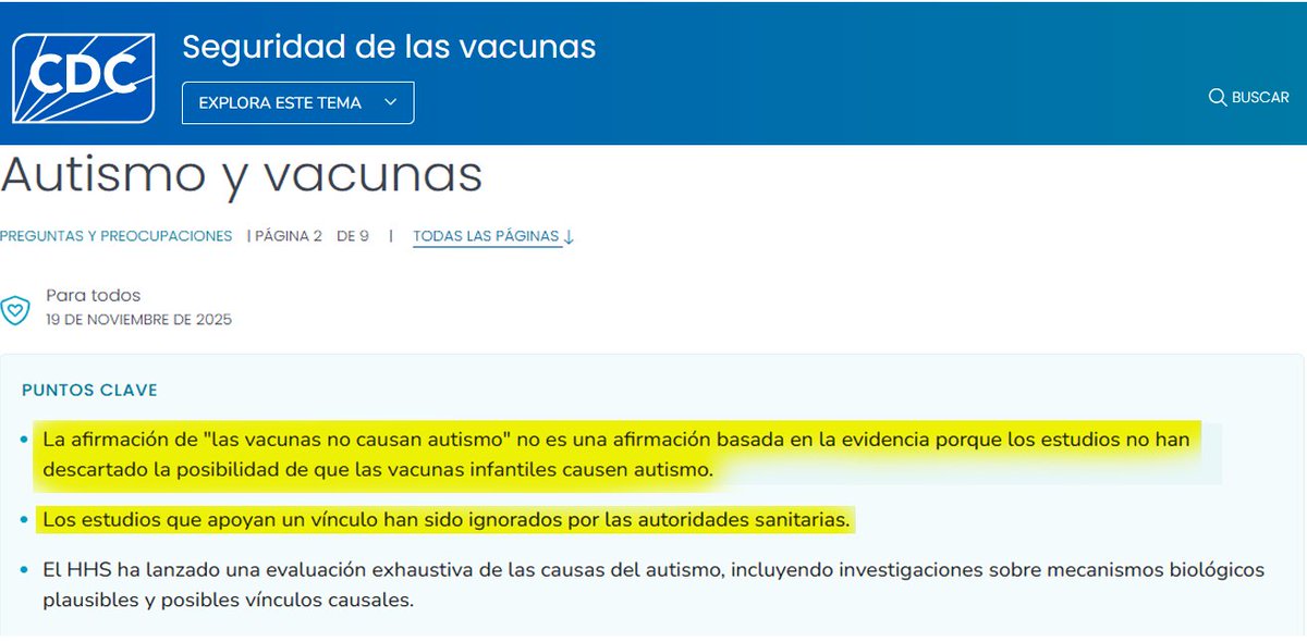 Casi nadie lo menciona, pero los CDC han variado el criterio sobre las vacunas y el autismo en su sitio web oficial.

Ahora aparece un matiz que antes no existía.
Cuando el mensaje cambia, es porque la narrativa anterior no daba más de sí.

Cambio de postura claro: Los CDC ahora