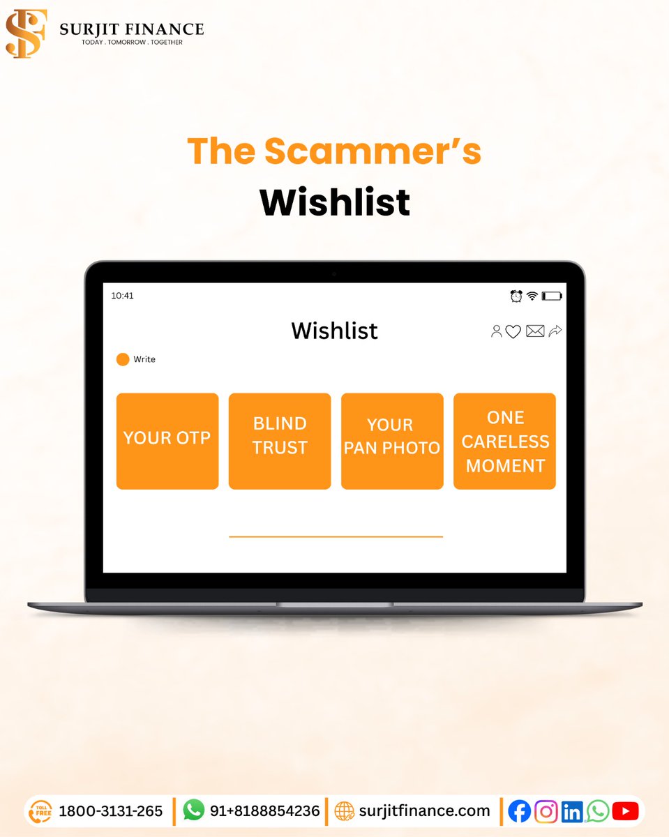 surjitfinance's tweet photo. Stay alert, stay secure. Scammers only need one mistake—don’t give them what they’re wishing for.
Surjit Finance urges you to verify before you trust. Your safety comes first.

#StayAlert #FraudAwareness #DigitalSafety #SurjitFinance #SecureTransactions #CustomerSafety https://t.co/crondKIZAT