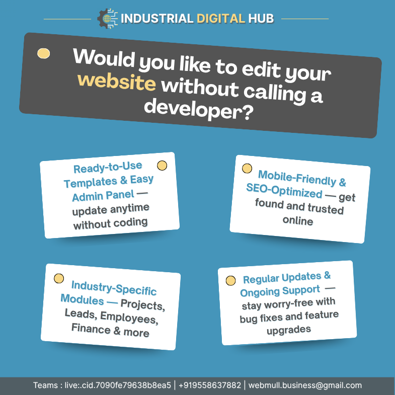 webmullDev's tweet photo. Want to edit your website without calling a developer? 
With #IndustrialDigitalHub (#IDH) by #WEBMULL, #FactoryOwners &amp; #SmallIndustry can update products, services &amp; portfolios anytime — no tech skills needed!
💥 20–30% OFF | 🌐 https://t.co/YaLsarHYvg https://t.co/BwXlk3Kttg