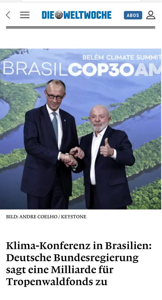 1 Milliarde deutsches Steuergeld für „Regenwaldfonds“ - nachdem für diesen teuren Klimakonferenzquatsch riesige Flächen Regenwald abgeholzt wurden. Vom CO2-Fußabdruck für Privatjets und Kreuzfahrtschiffe ganz zu schweigen. Merz ist der Beste nach Baerbock.