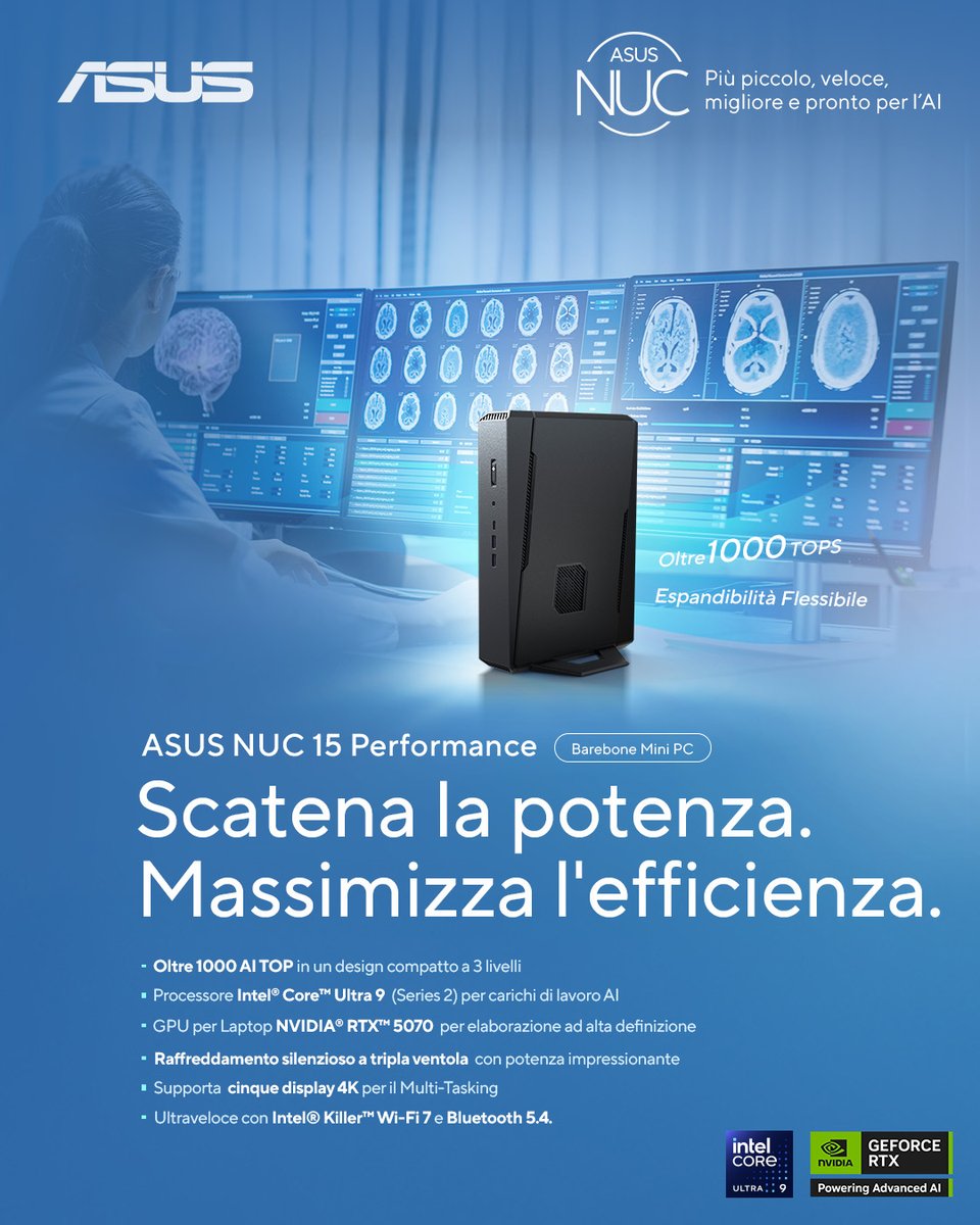 ASUS NUC 15 Performance è il mini PC ultra potente e compatto, progettato per offrirti prestazioni superiori in un formato ridotto.

Supporta fino a cinque display 4K, per incredibili possibilità multitasking.

Scopri di più: asus.com/it/displays-de…