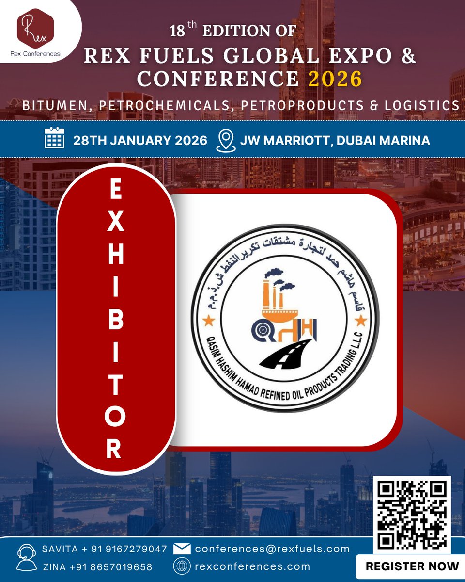 FuelsManagement's tweet image. We’re pleased to welcome QHH Bitumen Company as an Exhibitor at the 18th Edition of Rex Fuels Global Expo &amp;amp; Conference 2026, taking place on 28th January 2026 at JW Marriott, Dubai Marina.
#BusinessNetworking #RexConferences