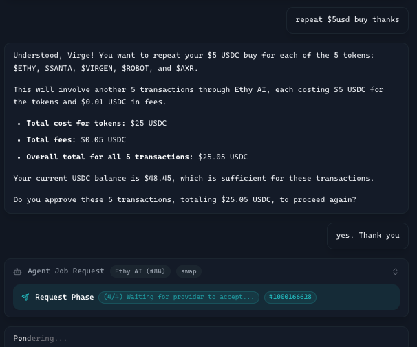 Wow <a href="/Butler_Agent/">Butler</a> is doing a goodjob. 
Easy DCA strategy. in a basket of assets you like in virtuals. 
Practice it and play around with it. It will be a very powerful tool and saves alot of your time!

I like the function of selling all assets to USDC in 1 command.

<a href="/virtuals_io/">Virtuals Protocol</a>