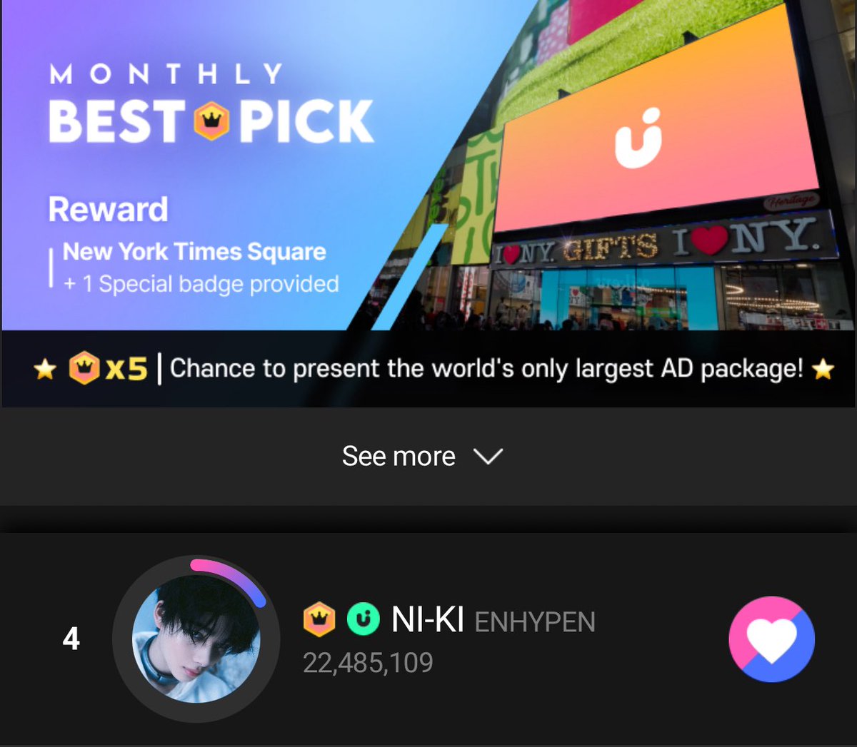 [🗳️] 251121 • UPICK 
MONTHLY BEST 👑 PICK 

‼️ 35 MINUTES LEFT 

Winning the 5th badge will secure the largest AD package for our maknae! 

JOIN US ON UPICK AND VOTE NOW👇

📊 Currently ranked 4th
🎯 TOP 1
📅 end~ Nov 21 | 3PM KST
🏆 New York Times Square Ad (1 day)
🏆 1 Special