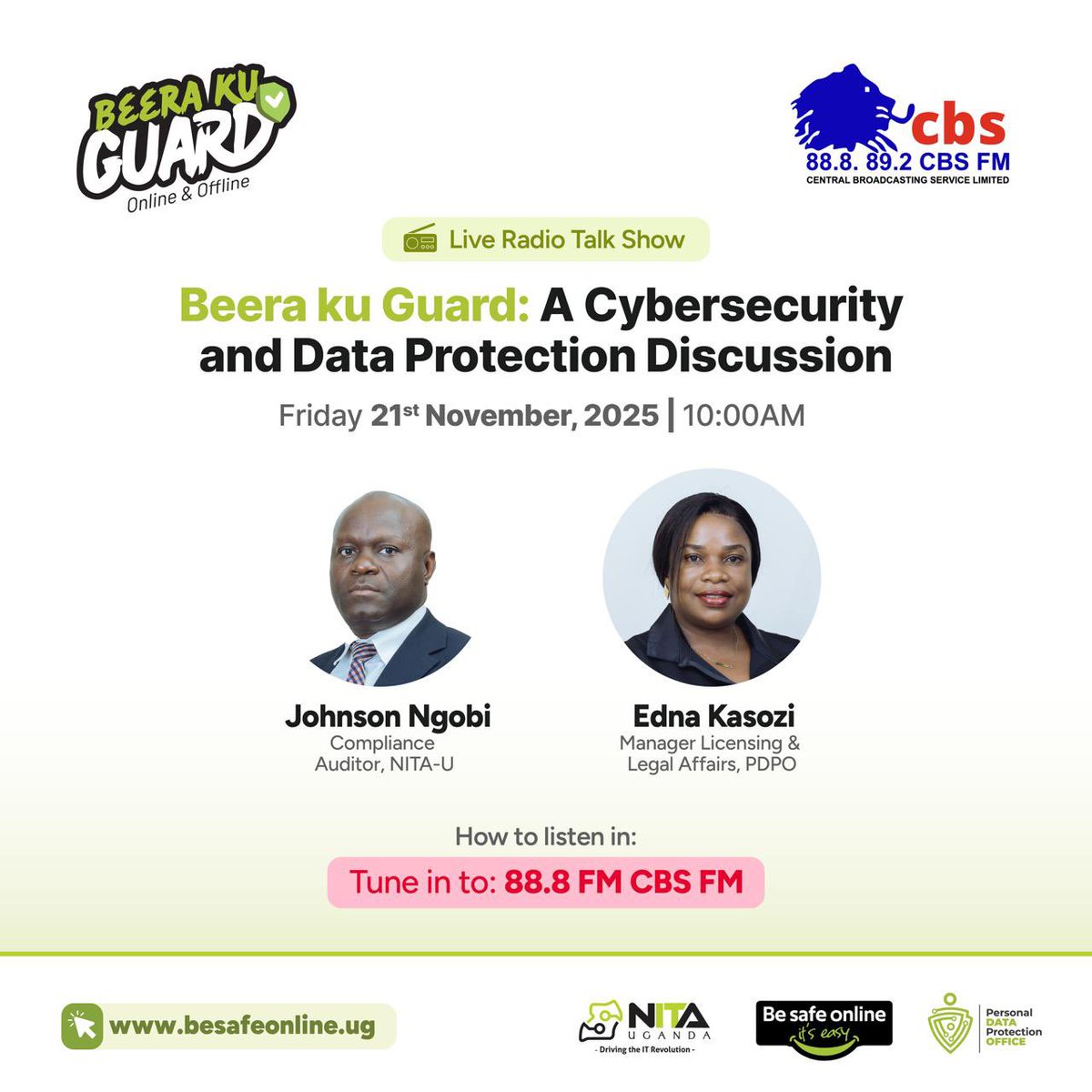 pdpoUG's tweet image. We’re back with another #BeeraKuGuard live radio talk show.

Join us today at 10:00AM, as we unpack how to stay safe online, protect your personal information, and navigate today’s digital risks with confidence.

📻 Tune in to 88.8 CBS FM
#PersonalDataisPrivate
